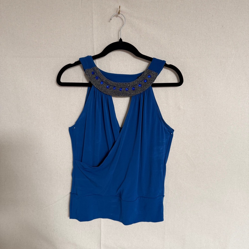 Grass Collection Royal Blue Beaded Halter‎ Top Surplice Wrap Sleeveless Blouse M